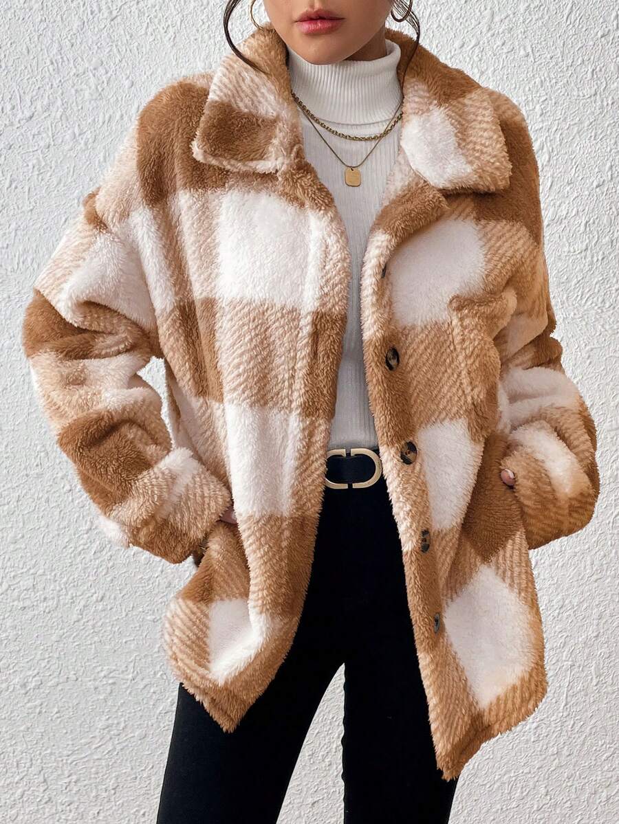 INAWLY Jaqueta feminina casual xadrez felpuda com botões frontais para uso diário no outono/inverno
