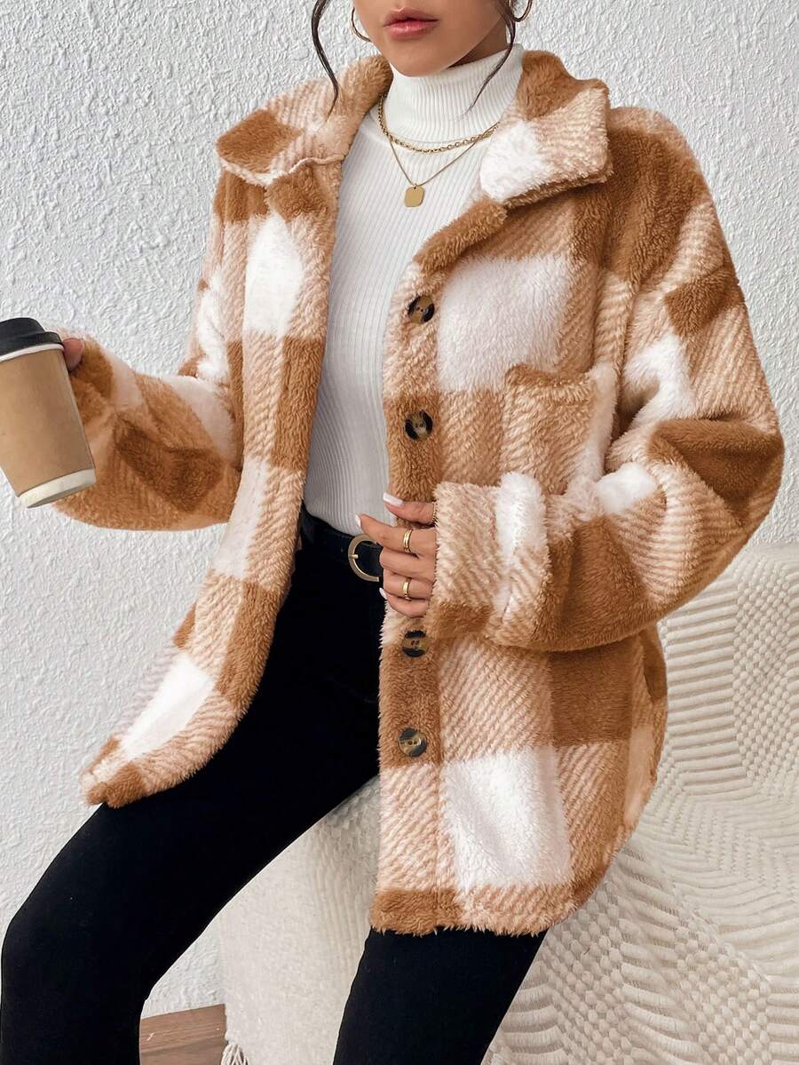 INAWLY Jaqueta feminina casual xadrez felpuda com botões frontais para uso diário no outono/inverno