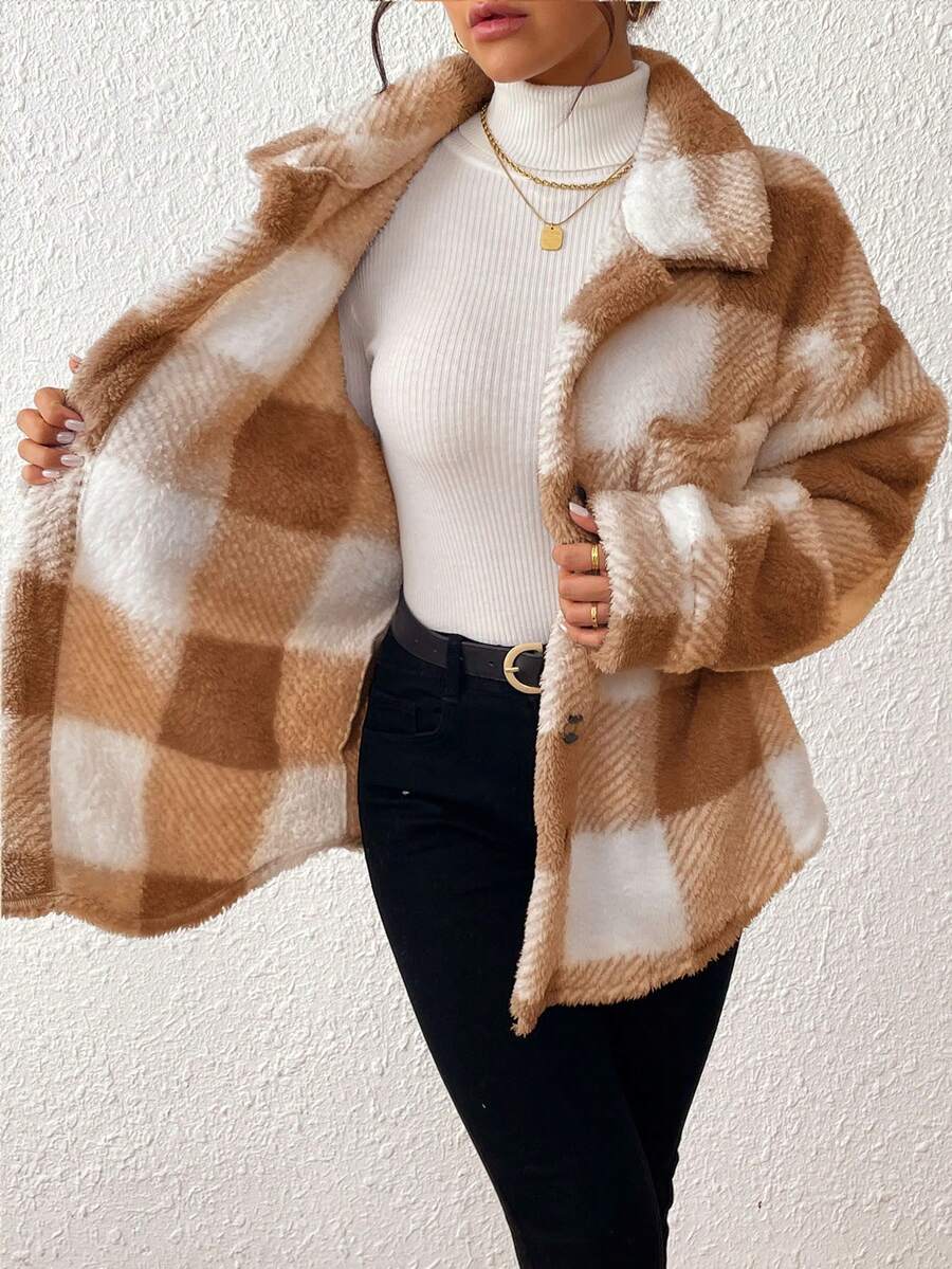 INAWLY Jaqueta feminina casual xadrez felpuda com botões frontais para uso diário no outono/inverno