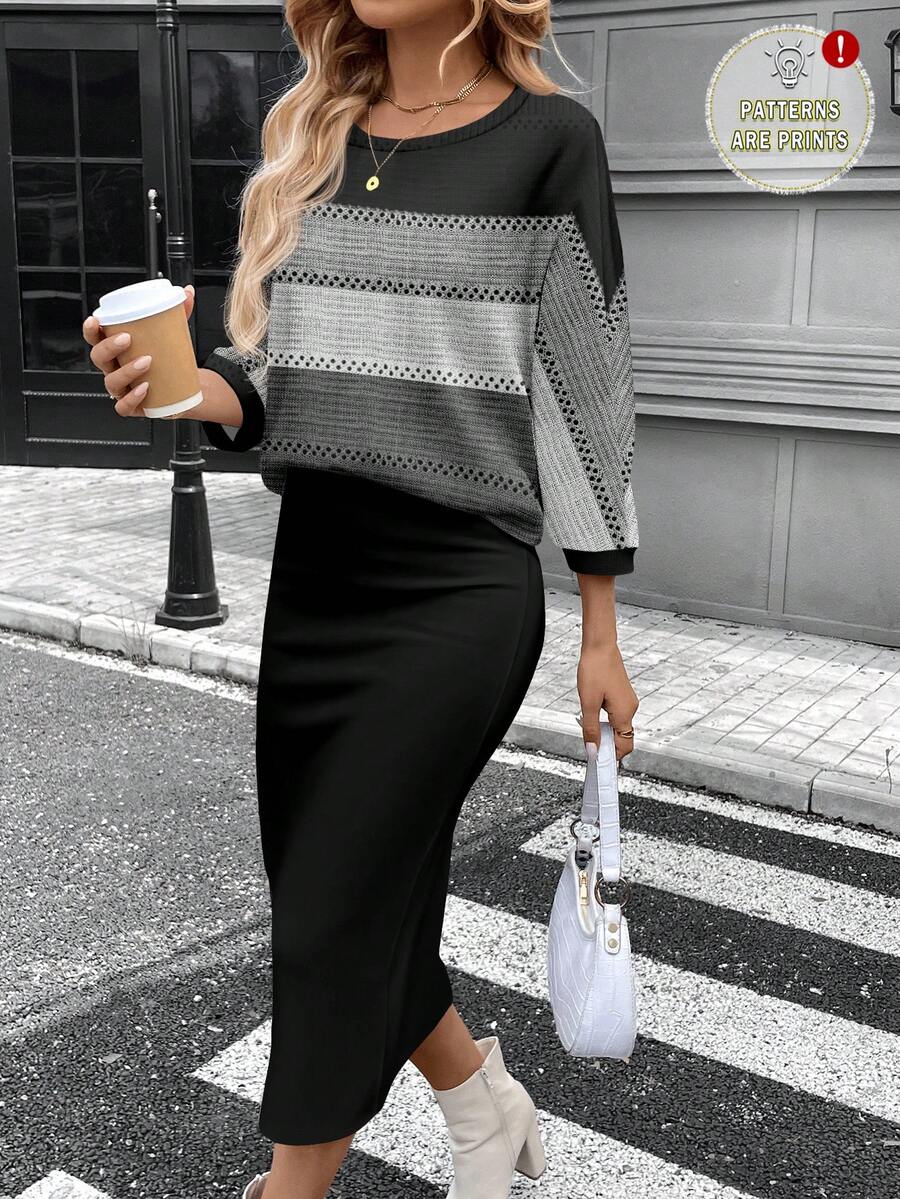 SHEIN LUNE Conjunto de camiseta feminina com gola redonda e manga morcego e saia reta justa, tecido com textura canelada felpuda, elegante para deslocamento casual, quente para outono/inverno