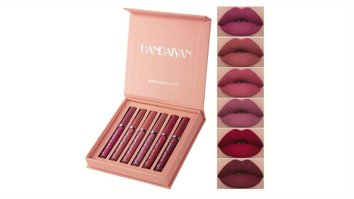 6pcs HANDAIYAN Matte Liquid Lipstick Set - Waterproof Long-Lasting Full Coverage Lip Gloss, Non-Stick Formula with 6 Shades (, Nude, Burgundy, Deep, Plum,) - Lip Tint Kit for Lips & All Light Types
