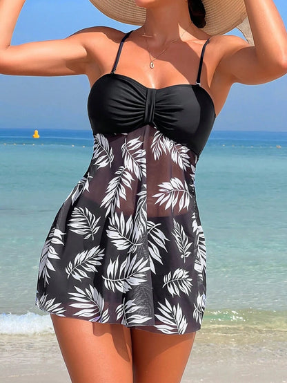 Swim Lushoire Summer Beach Tropical Print Ruched Dress Swimsuit