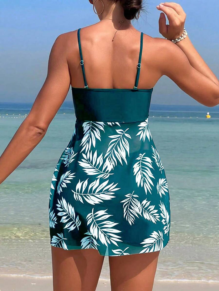 Swim Lushoire Summer Beach Tropical Print Ruched Dress Swimsuit