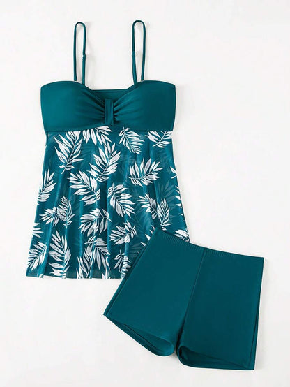 Swim Lushoire Summer Beach Tropical Print Ruched Dress Swimsuit