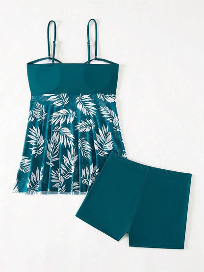Swim Lushoire Summer Beach Tropical Print Ruched Dress Swimsuit