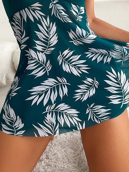 Swim Lushoire Summer Beach Tropical Print Ruched Dress Swimsuit