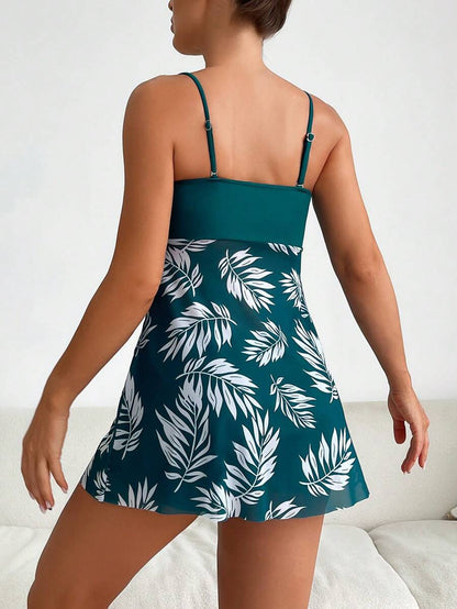 Swim Lushoire Summer Beach Tropical Print Ruched Dress Swimsuit