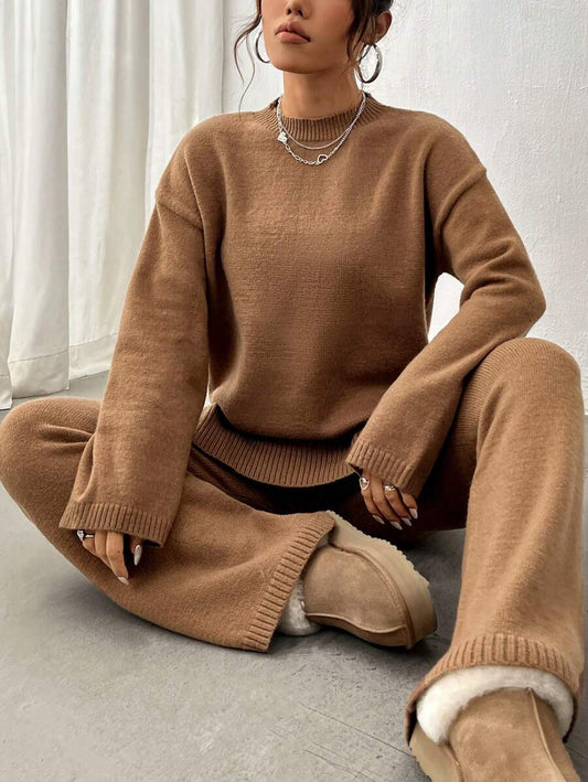 Flirla 2pcs Women Colorblock Rib-Trim Round Neck Long Sleeve Sweater And Pants Set Fall Winter Cloth For Women