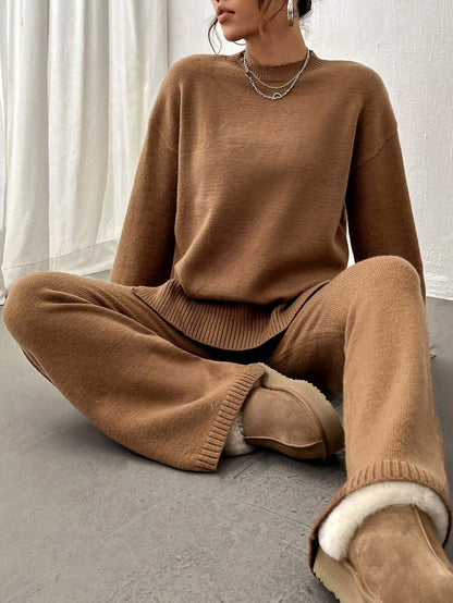 Flirla 2pcs Women Colorblock Rib-Trim Round Neck Long Sleeve Sweater And Pants Set Fall Winter Cloth For Women