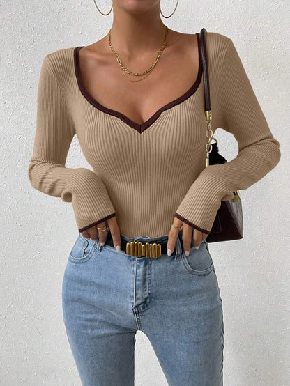Chiquease Contraste de ligação decote coração canelado malha camisola, manga comprida Tops