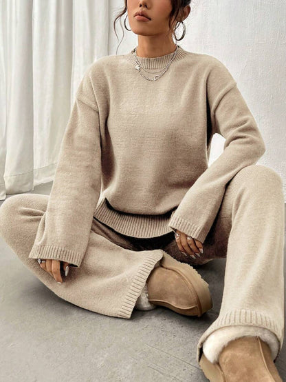 Flirla 2pcs Women Colorblock Rib-Trim Round Neck Long Sleeve Sweater And Pants Set Fall Winter Cloth For Women