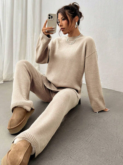 Flirla 2pcs Women Colorblock Rib-Trim Round Neck Long Sleeve Sweater And Pants Set Fall Winter Cloth For Women