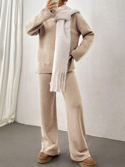Flirla 2pcs Women Colorblock Rib-Trim Round Neck Long Sleeve Sweater And Pants Set Fall Winter Cloth For Women