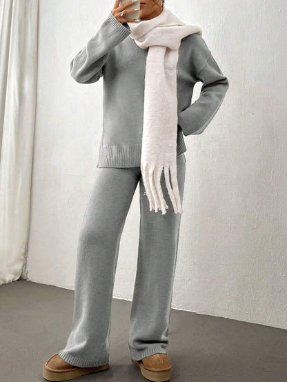 Flirla 2pcs Women Colorblock Rib-Trim Round Neck Long Sleeve Sweater And Pants Set Fall Winter Cloth For Women