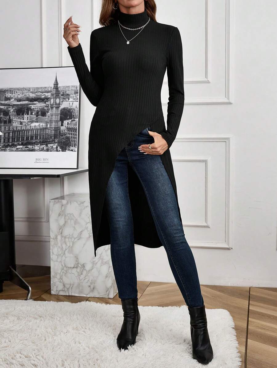 EMERY ROSE Camiseta feminina casual de cor sólida com gola alta e manga comprida com fenda lateral canelada para primavera e verão