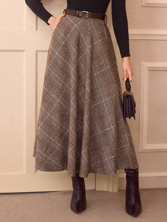 Vintamour Vintage Elegante Mulheres Saia Xadrez Cintura Alta Com Bolsos, Casual A-Line Saia Flare Saia De Volta Ao Lar Saias Roupas De Natal Saias De Outono Roupas De Outono Saia Longa De Outono Saia Marrom Roupas Femininas Saia De Ação De Graças Saia Mar