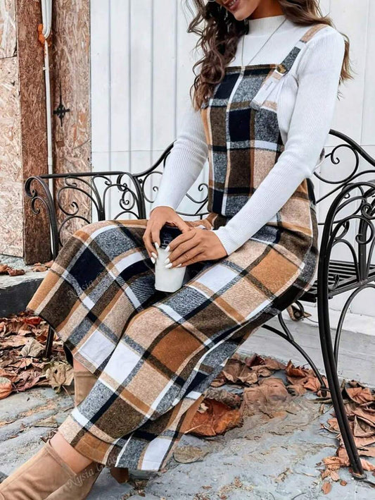 Calça suspensório xadrez britânica feminina outono/inverno, design suspensório, macacão comprimento 7/8, moda versátil para uso diário
