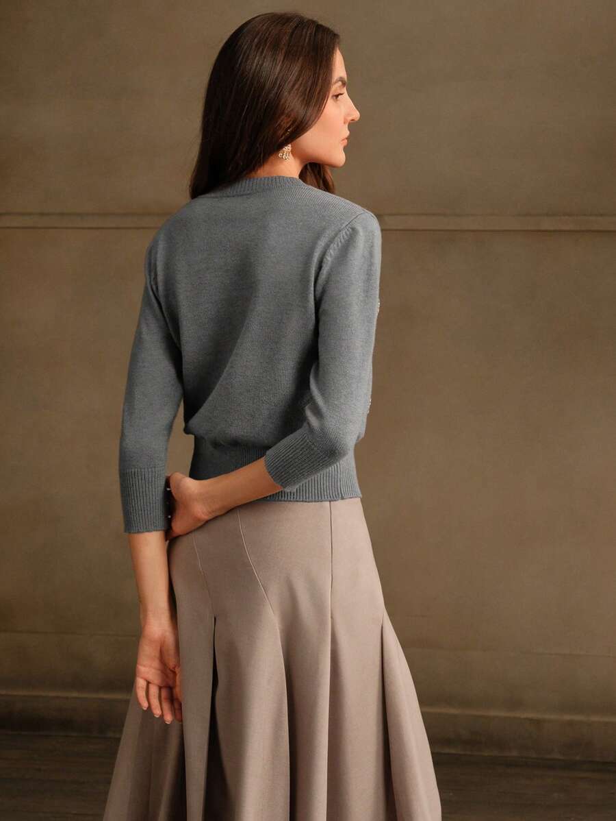 Anewsta Handmade Crystal Rhinestone Decor Soft Ribbed Crew Neck Cinched Waist Long Sleeve Knit Sweater