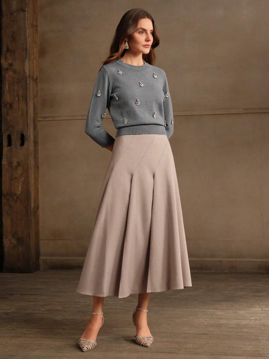 Anewsta Handmade Crystal Rhinestone Decor Soft Ribbed Crew Neck Cinched Waist Long Sleeve Knit Sweater