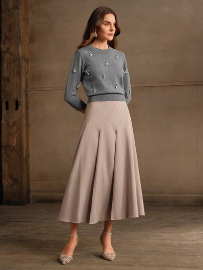 Anewsta Handmade Crystal Rhinestone Decor Soft Ribbed Crew Neck Cinched Waist Long Sleeve Knit Sweater