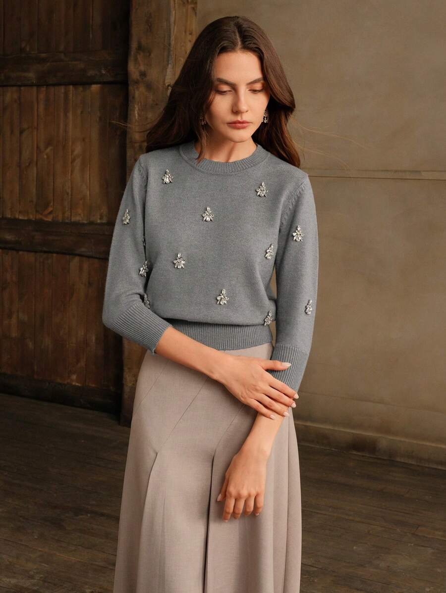 Anewsta Handmade Crystal Rhinestone Decor Soft Ribbed Crew Neck Cinched Waist Long Sleeve Knit Sweater