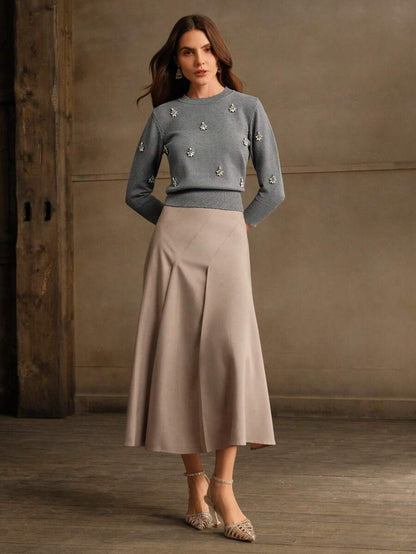 Anewsta Handmade Crystal Rhinestone Decor Soft Ribbed Crew Neck Cinched Waist Long Sleeve Knit Sweater