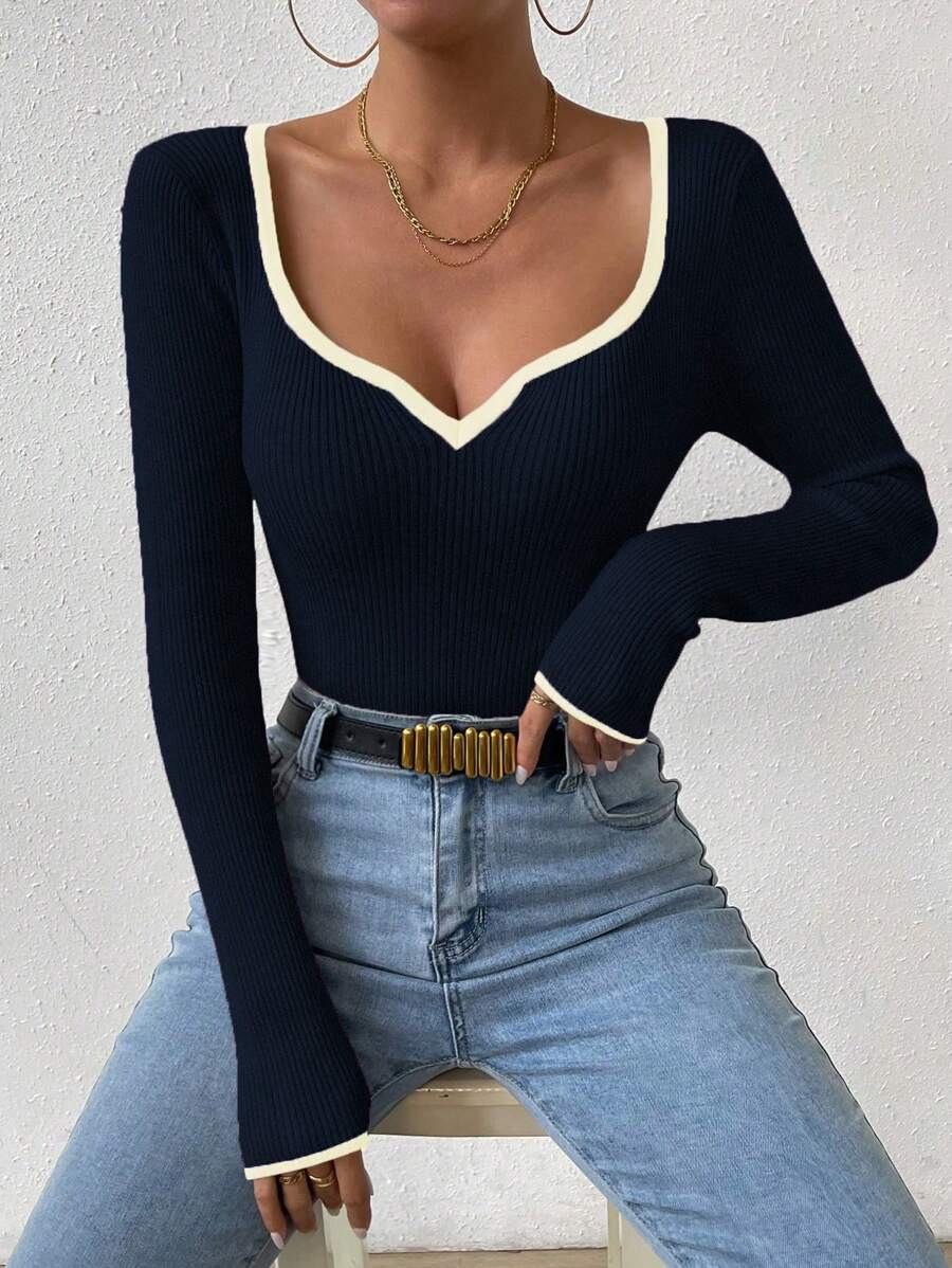 Chiquease Contraste de ligação decote coração canelado malha camisola, manga comprida Tops