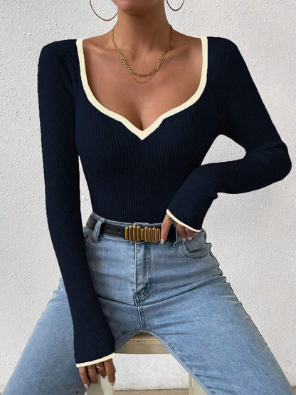 Chiquease Contraste de ligação decote coração canelado malha camisola, manga comprida Tops