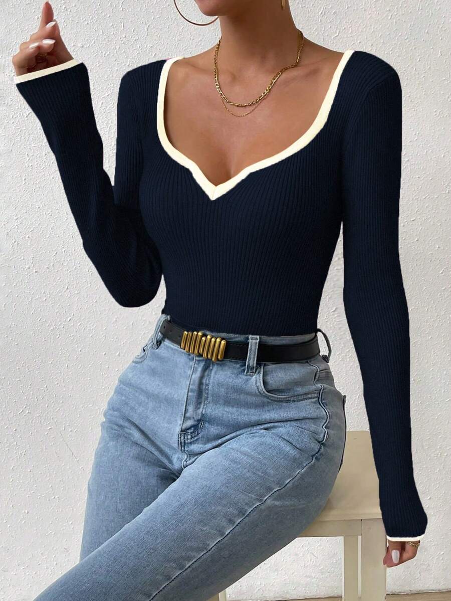 Chiquease Contraste de ligação decote coração canelado malha camisola, manga comprida Tops