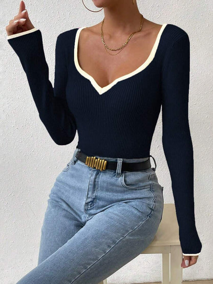 Chiquease Contraste de ligação decote coração canelado malha camisola, manga comprida Tops