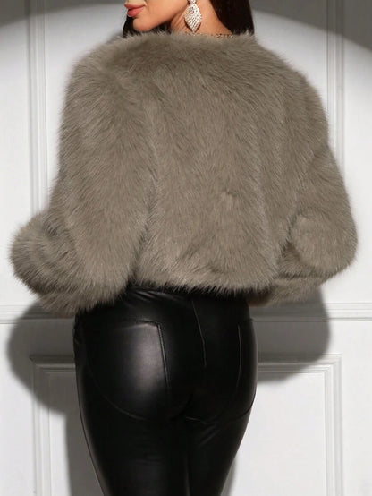 SHEIN Clasi Casaco feminino de cor sólida, manga comprida, frente aberta, curto e fofo, inverno
