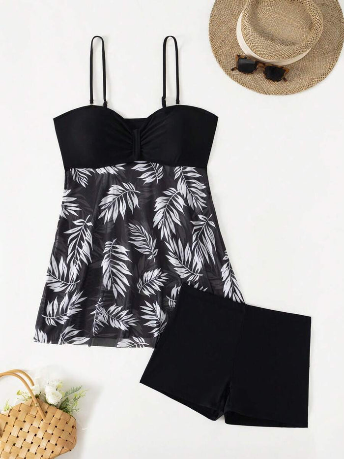 Swim Lushoire Summer Beach Tropical Print Ruched Dress Swimsuit