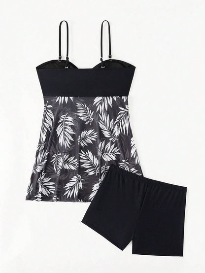Swim Lushoire Summer Beach Tropical Print Ruched Dress Swimsuit