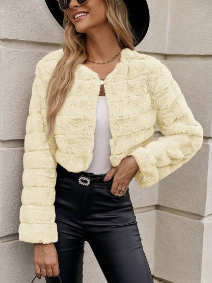 SHEIN Clasi Casaco feminino de cor sólida, manga comprida, frente aberta, curto e fofo, inverno