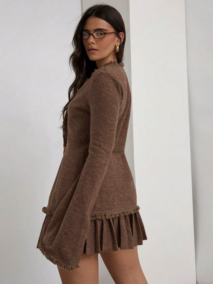 COSMINA Conjunto de 2 peças de blusa e saia plissada com bainha plissada, casual e sólida, outono