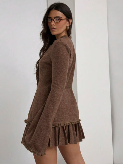 COSMINA Conjunto de 2 peças de blusa e saia plissada com bainha plissada, casual e sólida, outono