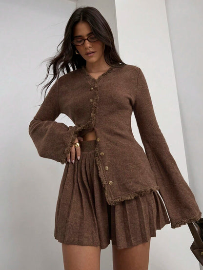 COSMINA Conjunto de 2 peças de blusa e saia plissada com bainha plissada, casual e sólida, outono