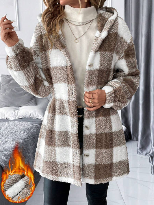 SHEIN Clasi Jaqueta feminina regular xadrez Teddy Boucle com cintura marcada para outono/inverno