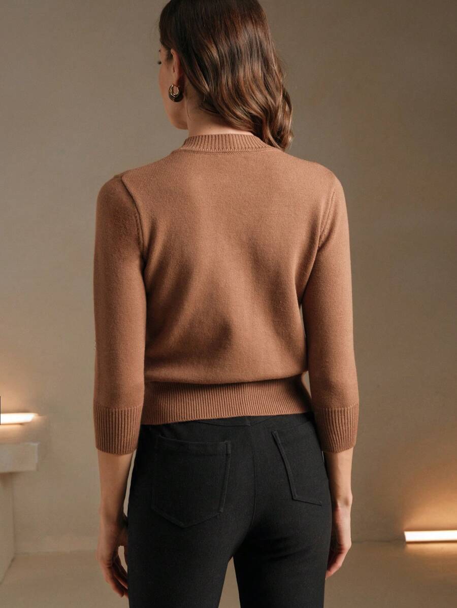 Anewsta Handmade Crystal Rhinestone Decor Soft Ribbed Crew Neck Cinched Waist Long Sleeve Knit Sweater