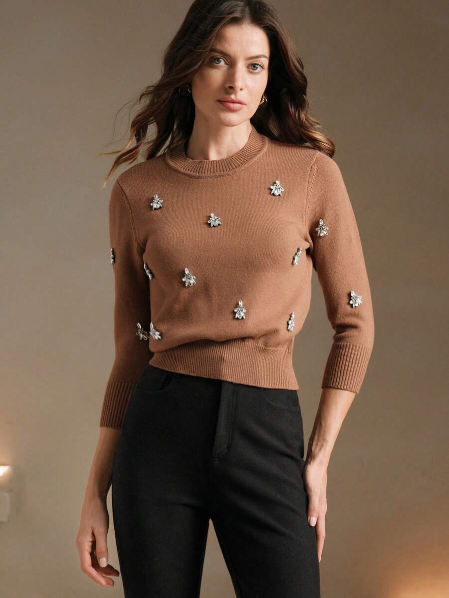 Anewsta Handmade Crystal Rhinestone Decor Soft Ribbed Crew Neck Cinched Waist Long Sleeve Knit Sweater