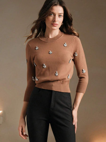 Anewsta Handmade Crystal Rhinestone Decor Soft Ribbed Crew Neck Cinched Waist Long Sleeve Knit Sweater