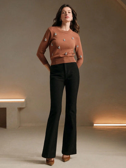 Anewsta Handmade Crystal Rhinestone Decor Soft Ribbed Crew Neck Cinched Waist Long Sleeve Knit Sweater