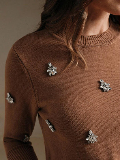 Anewsta Handmade Crystal Rhinestone Decor Soft Ribbed Crew Neck Cinched Waist Long Sleeve Knit Sweater