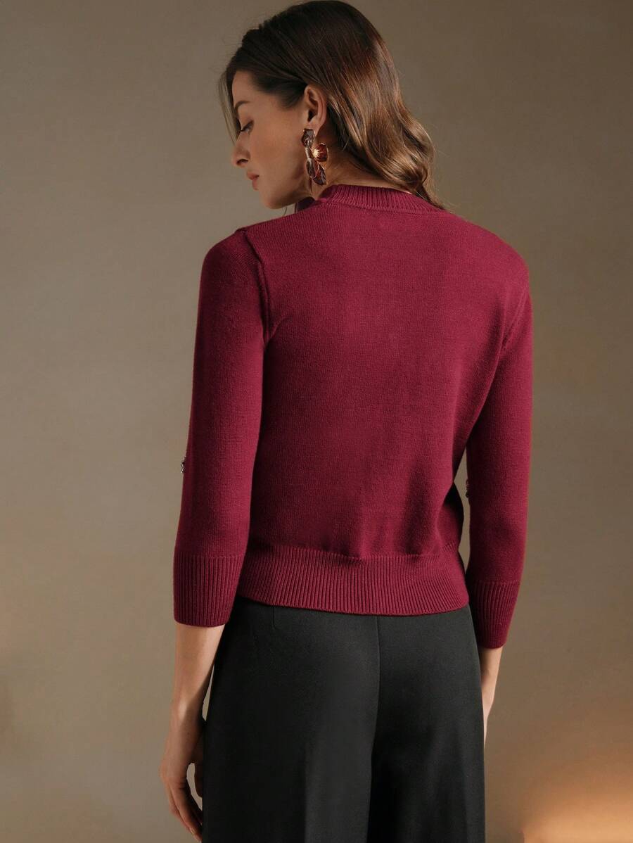 Anewsta Handmade Crystal Rhinestone Decor Soft Ribbed Crew Neck Cinched Waist Long Sleeve Knit Sweater