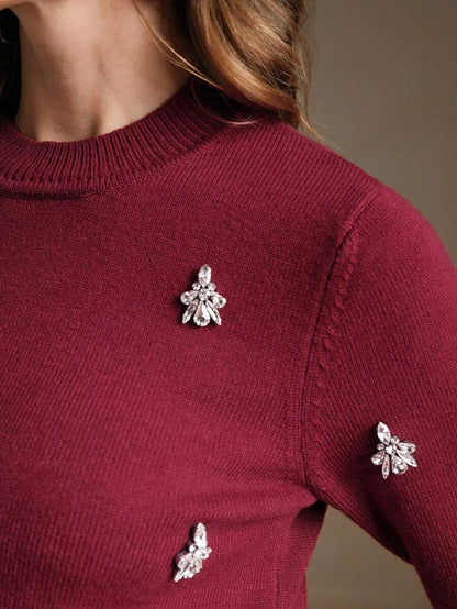 Anewsta Handmade Crystal Rhinestone Decor Soft Ribbed Crew Neck Cinched Waist Long Sleeve Knit Sweater