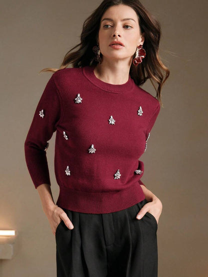 Anewsta Handmade Crystal Rhinestone Decor Soft Ribbed Crew Neck Cinched Waist Long Sleeve Knit Sweater