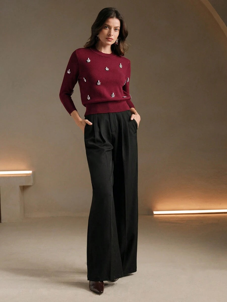 Anewsta Handmade Crystal Rhinestone Decor Soft Ribbed Crew Neck Cinched Waist Long Sleeve Knit Sweater