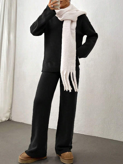 Flirla 2pcs Women Colorblock Rib-Trim Round Neck Long Sleeve Sweater And Pants Set Fall Winter Cloth For Women