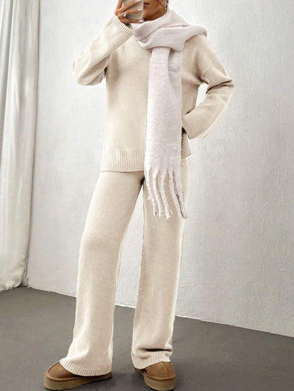 Flirla 2pcs Women Colorblock Rib-Trim Round Neck Long Sleeve Sweater And Pants Set Fall Winter Cloth For Women
