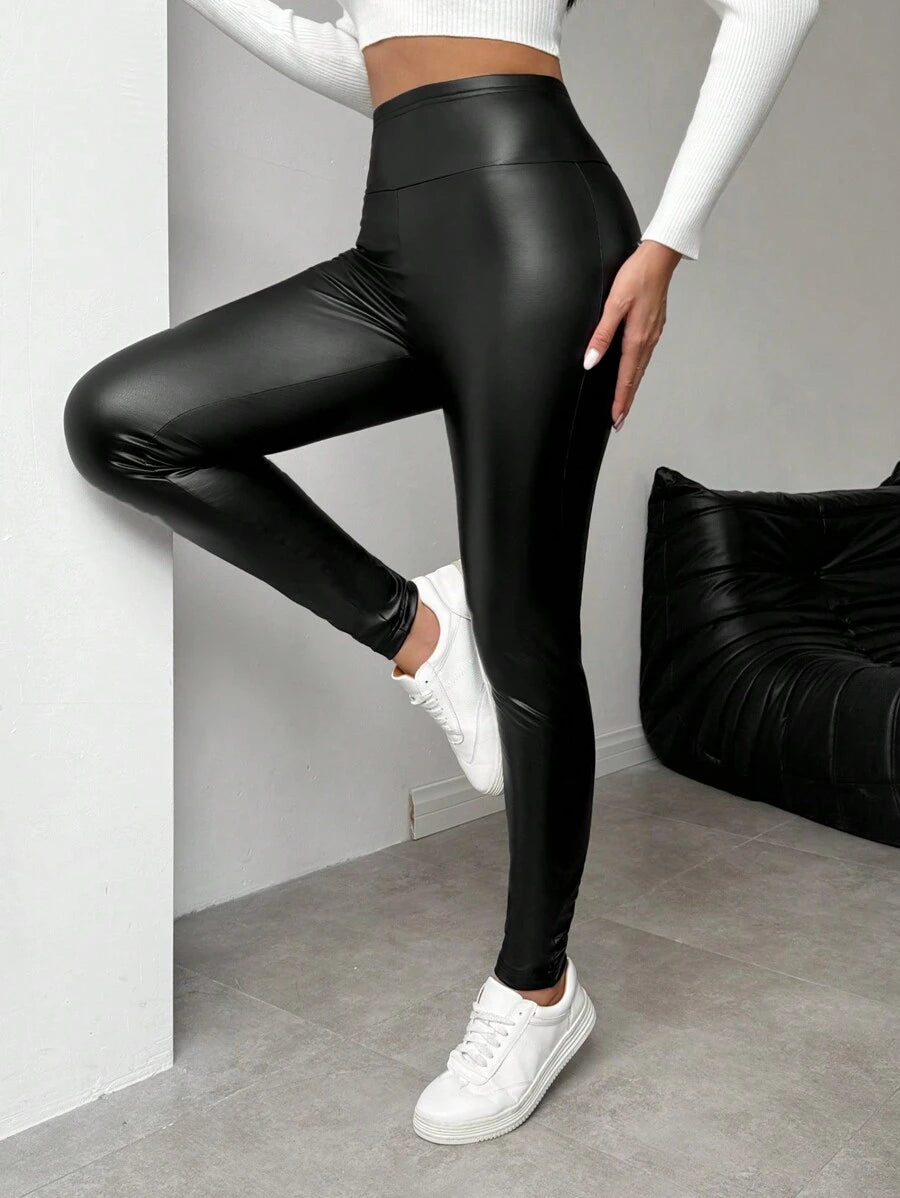 SHEIN LUNE Leggings femininas quentes de couro sintético com forro térmico, calças compridas básicas para outono/inverno